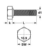 Vis à tête hexagonale acier 10.9 noi DIN 961